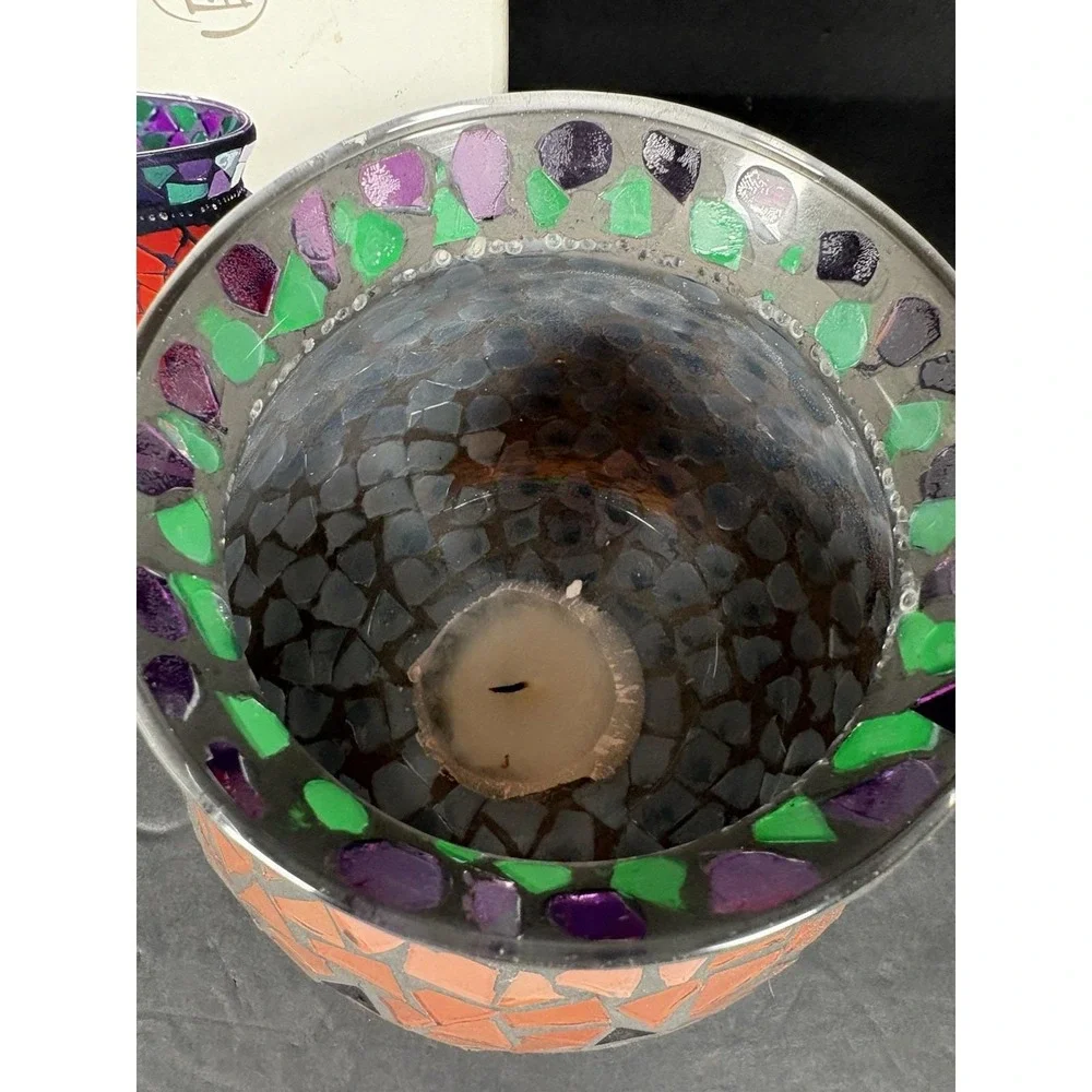 Vintage Whole Home Mosaic Jack O Lantern Hurricane Candle Holder Halloween 7